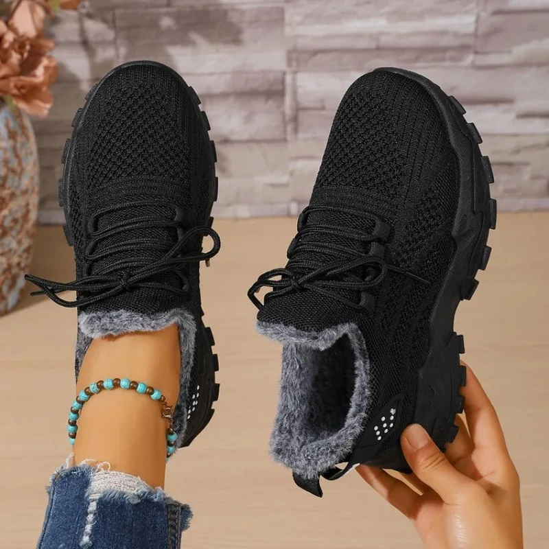Women Winter Thermal Sneakers  - Knit Fabric Lace Up Sneakers review and price