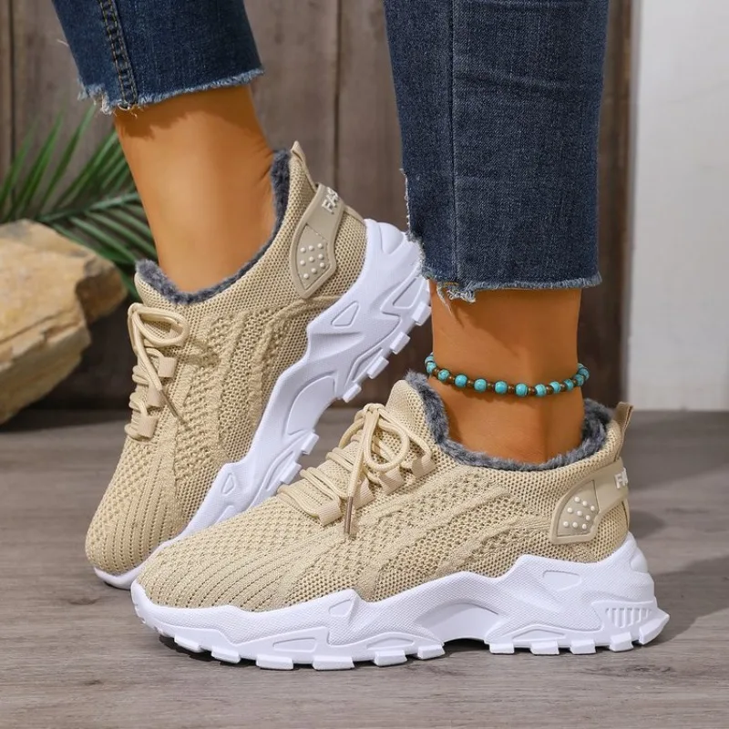 Women Winter Thermal Sneakers  - Knit Fabric Lace Up Sneakers review and price